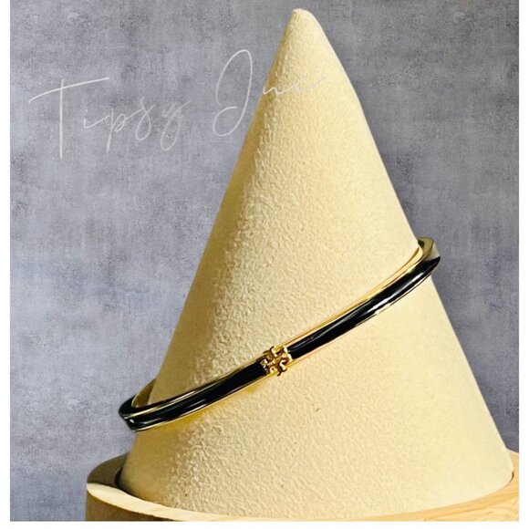 Tory Burch Black and Gold Enamel Logo Hinged Bracelet - Picture 5 of 6